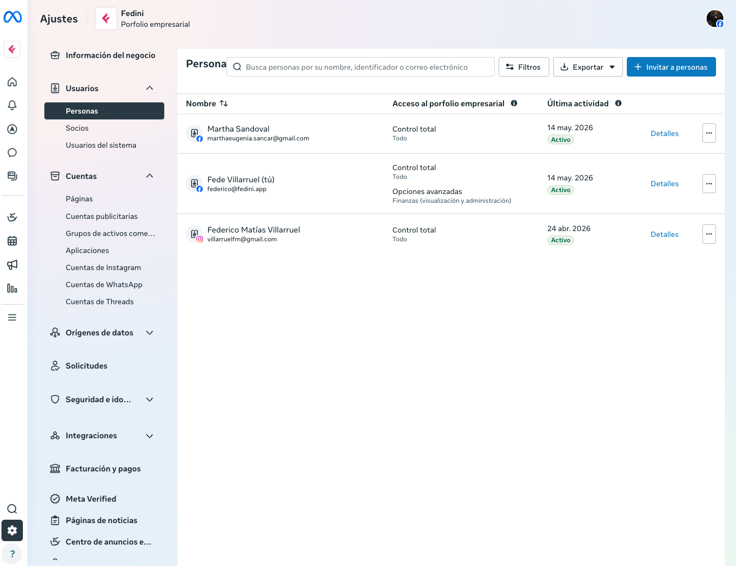 Pantalla de Personas en Meta Business Manager